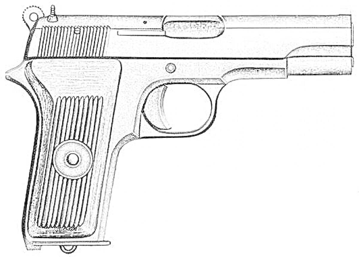 На раскраске изображено: Пистолет, Оружие, ТТ, Затвор, Спусковой крючок