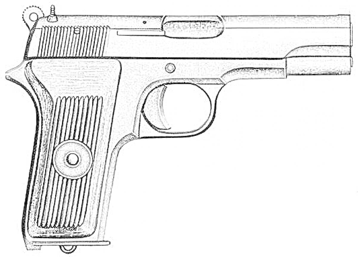 Раскраска Пистолет на основе советского оружия ТТ с затвором и спусковым крючком