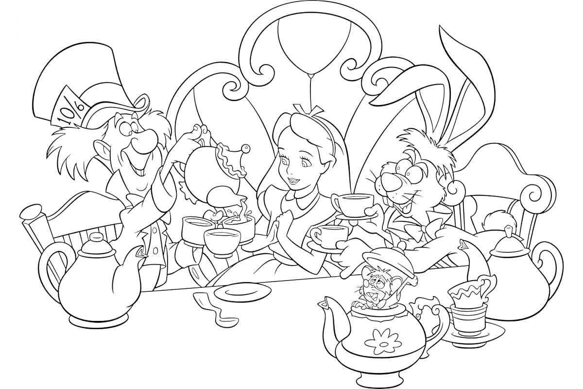 Раскраска Алиса, Шляпник и Мартовский заяц за чаепитием