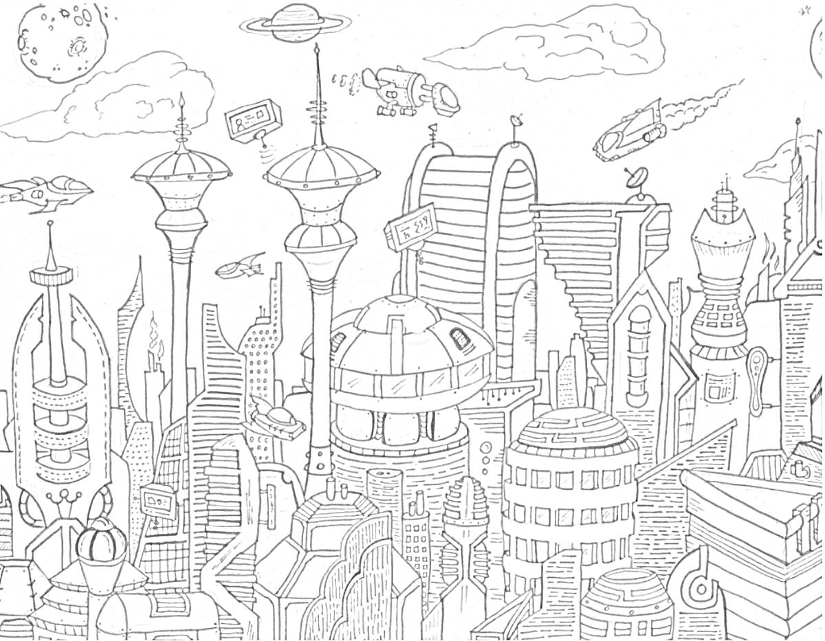 На раскраске изображено: Будущее, Небоскрёбы, Спутники, Научная фантастика, Архитектура, Небо, Облака, Высокие здания, Города