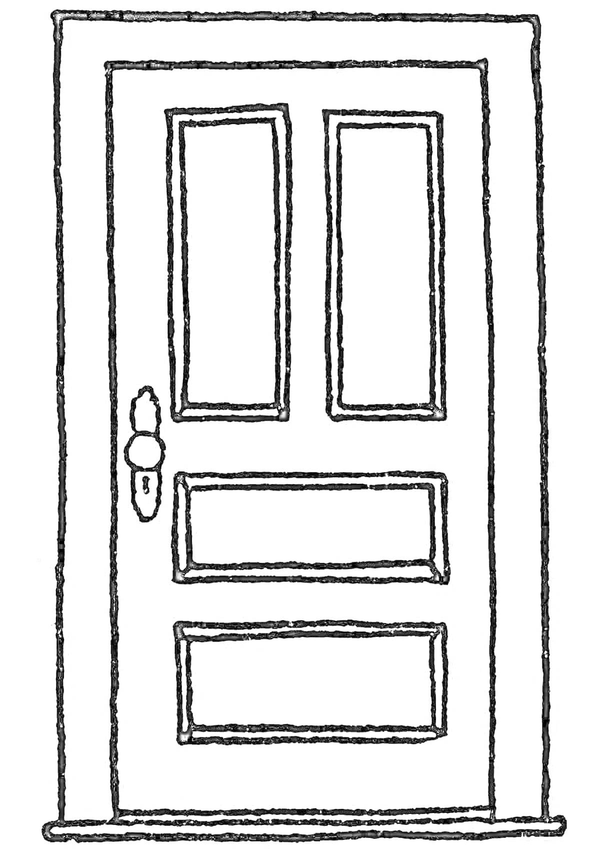 На раскраске изображено: Дверь, Деревянная дверь, Ручка двери, Архитектура
