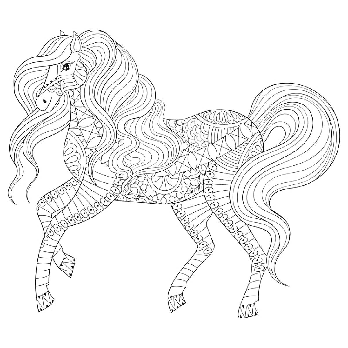 Раскраска Лошадь с длинной гривой и раскрашенными узорами