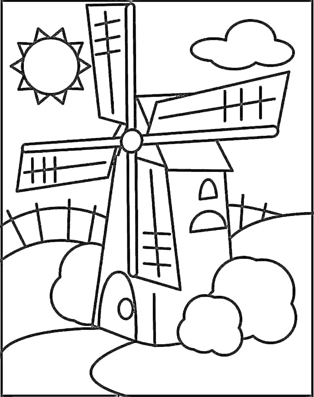 Раскраска Ветряная мельница на холмах с солнцем и облаками