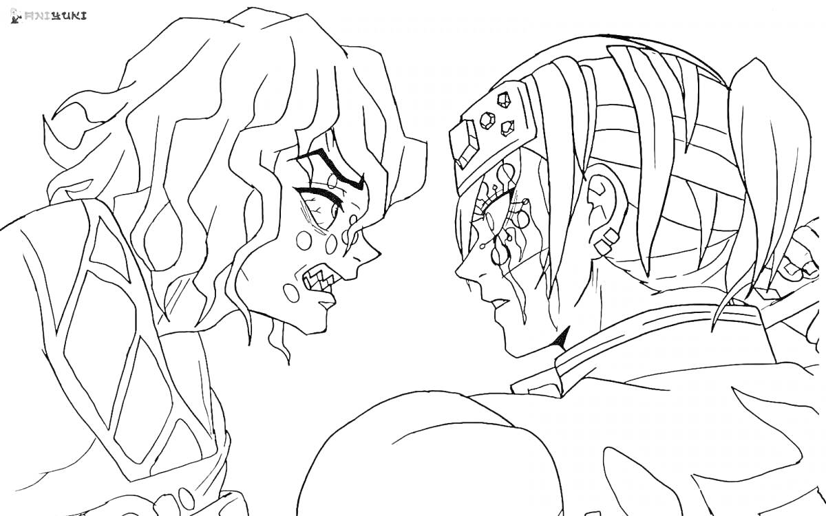 Раскраска Спор двух персонажей в лицо в лицо с детализированными прическами и большим количеством линий на лицах и волосах