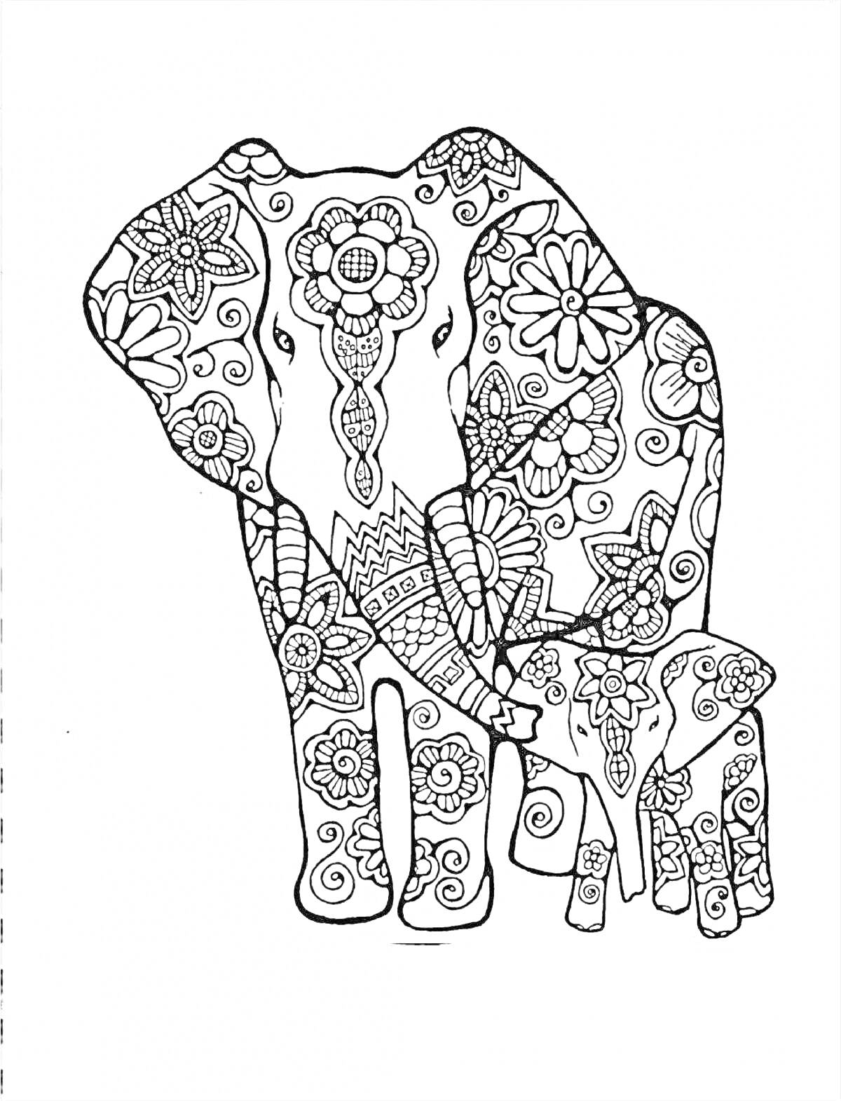 На раскраске изображено: Антистресс, Цветочные узоры, Слон, Детеныш слона, Цветы, Орнамент, Медитативное искусство