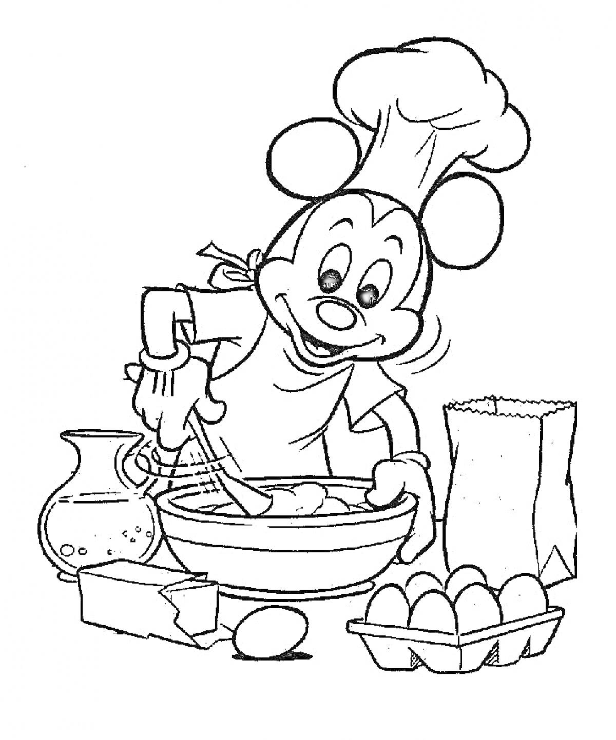 Повар-мышонок смешивает ингредиенты, стоит за столом с кувшином, яйцом, бруском масла и картонной коробкой яиц