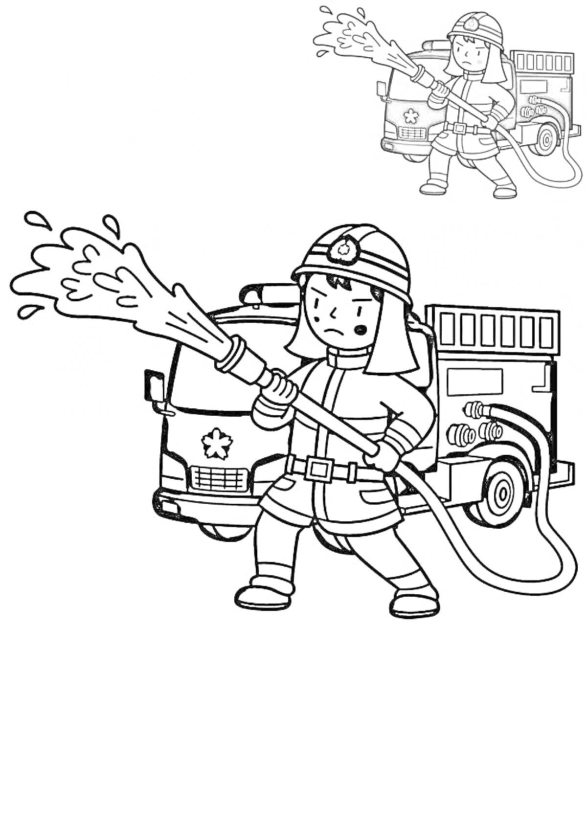 Раскраска Пожарный тушит огонь из пожарного шланга перед пожарной машиной