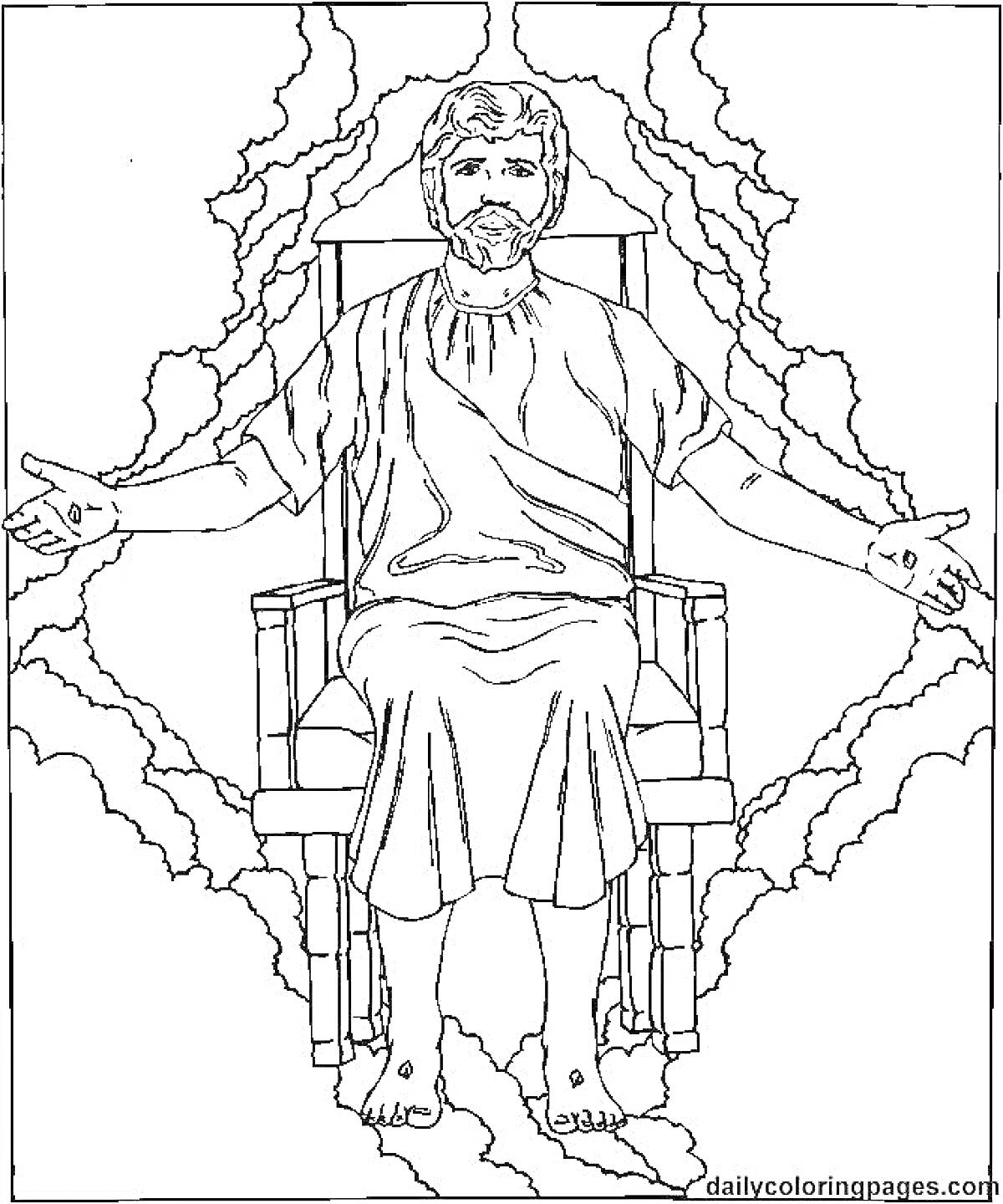 Раскраска Бог, сидящий на троне, с распростертыми руками и облаками позади
