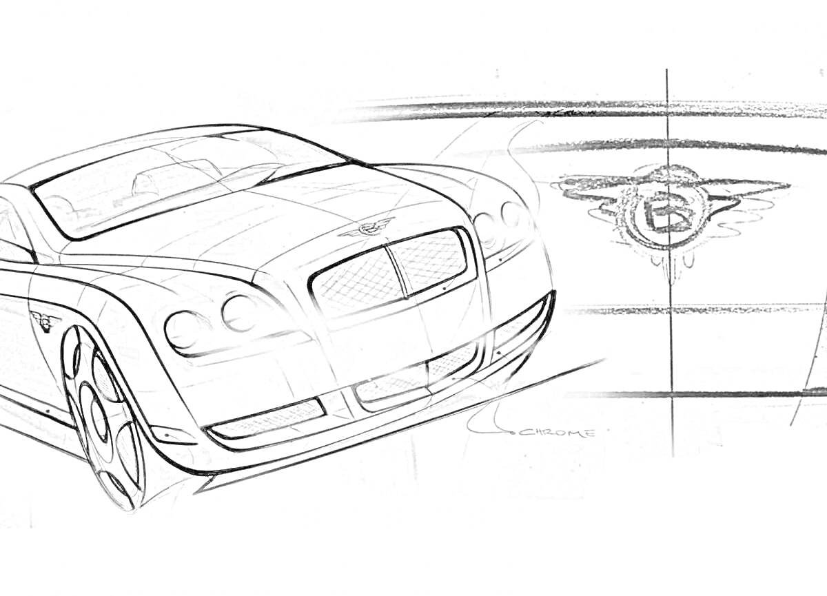 Раскраска Эскизный рисунок автомобиля с передней фары и логотипом