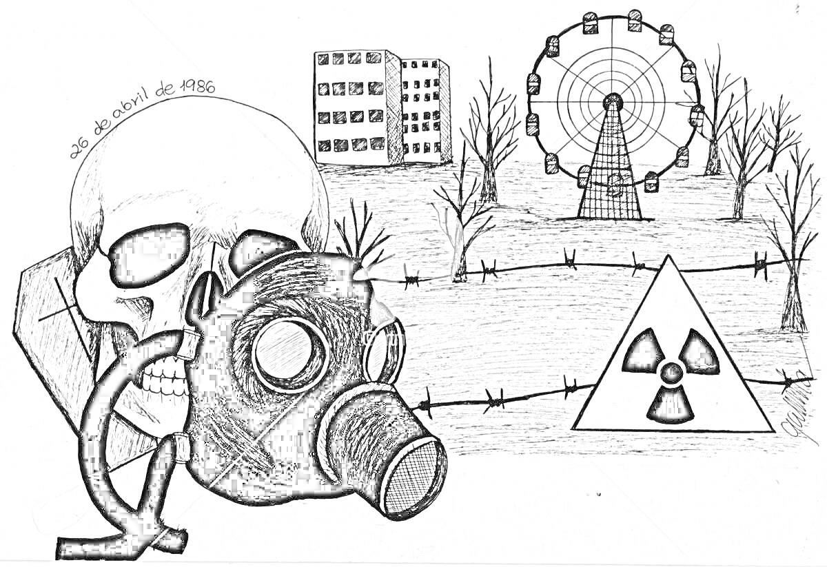 На раскраске изображено: Чернобыль, Череп, Противогаз, Здание, Колесо обозрения, Деревья, Забор