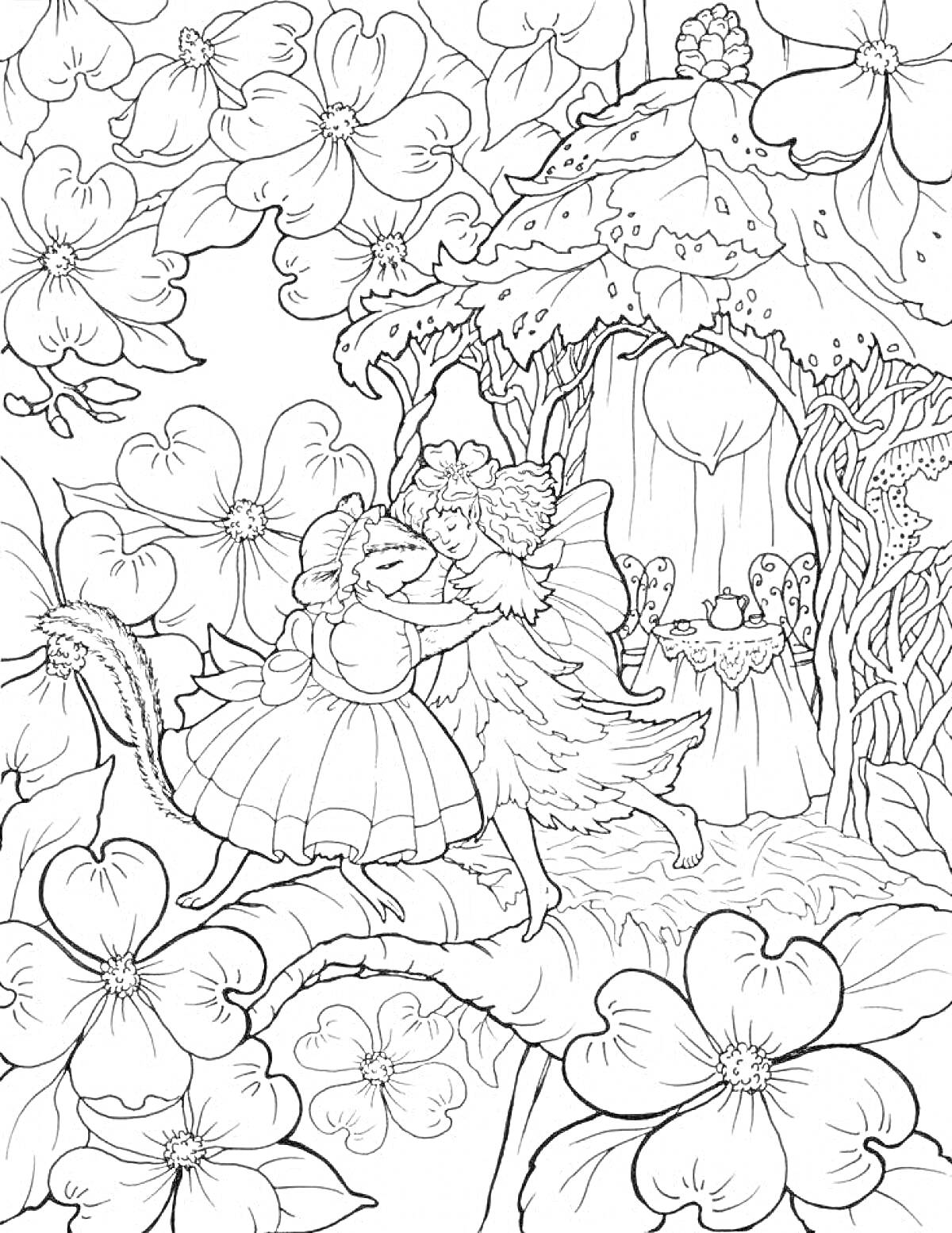 Раскраска Танцующие феи у сказочного домика на цветочной поляне