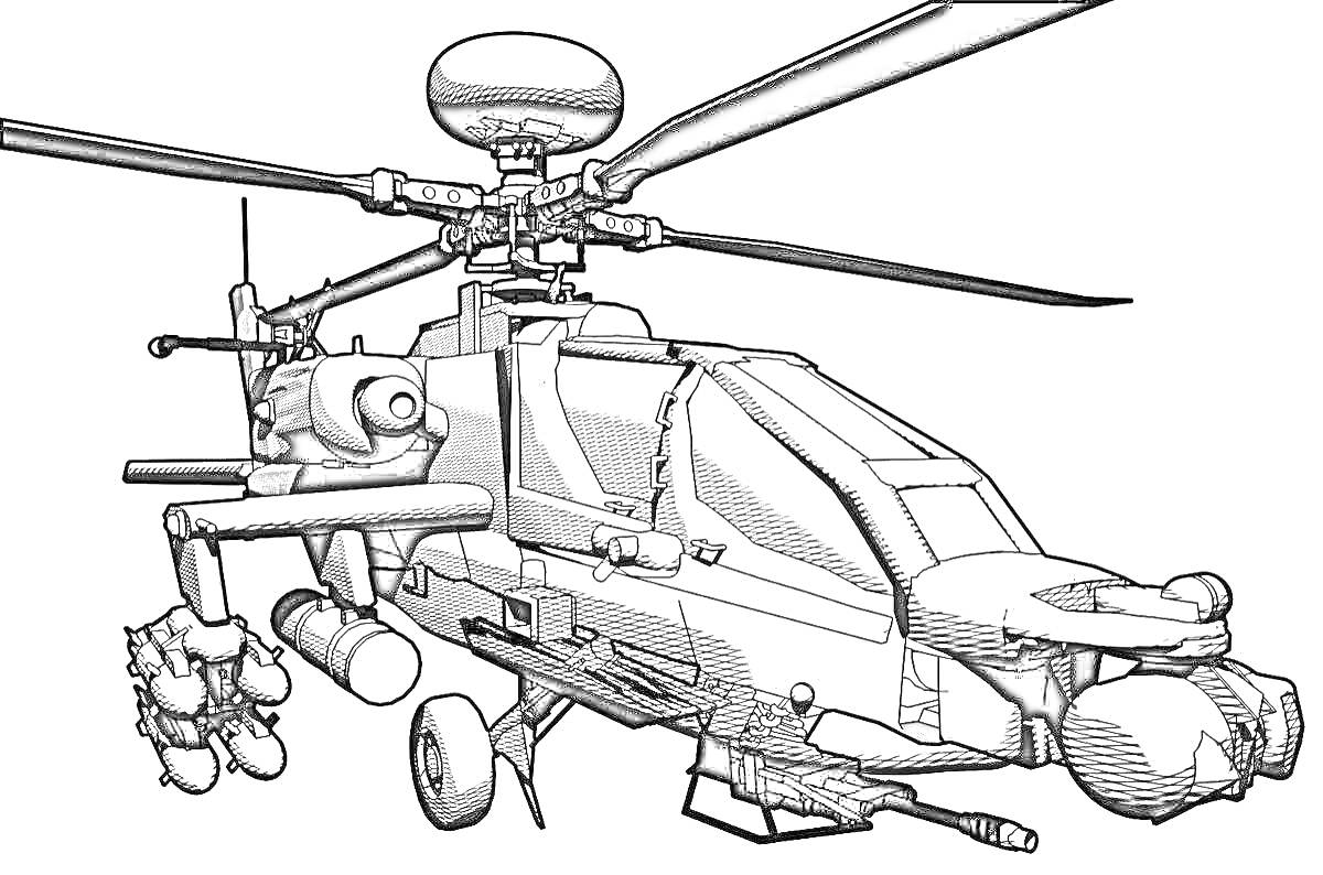 На раскраске изображено: Вертолет, Аллигатор, Оружие, Авиация, Техника, Транспорт, Пропеллеры