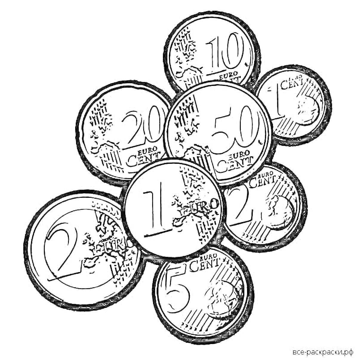 На раскраске изображено: Деньги, Монеты, Евро, Номиналы, Финансы, Обучение, Для детей