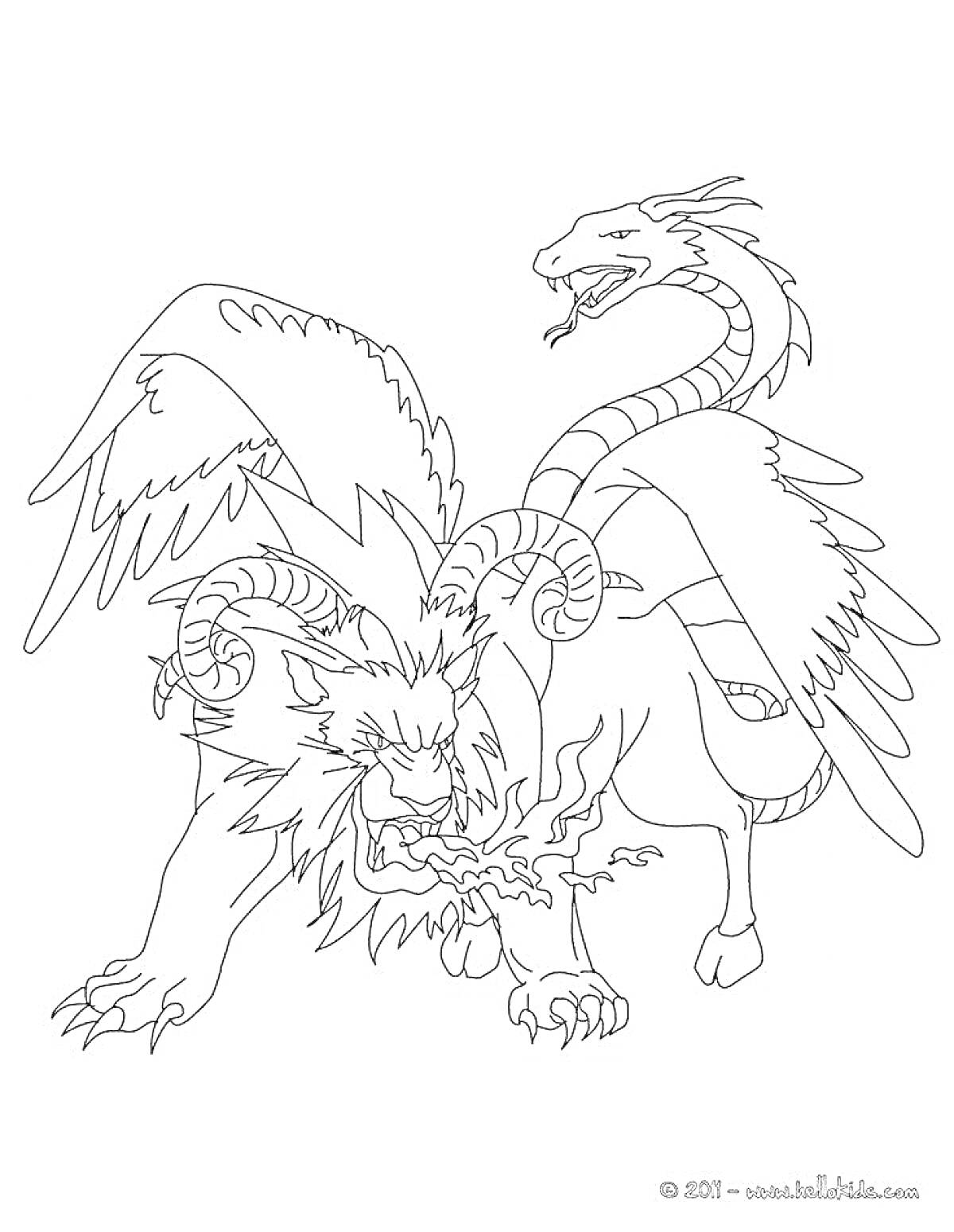 На раскраске изображено: Мифические существа, Лев, Крылья, Змеи, Огонь, Рога