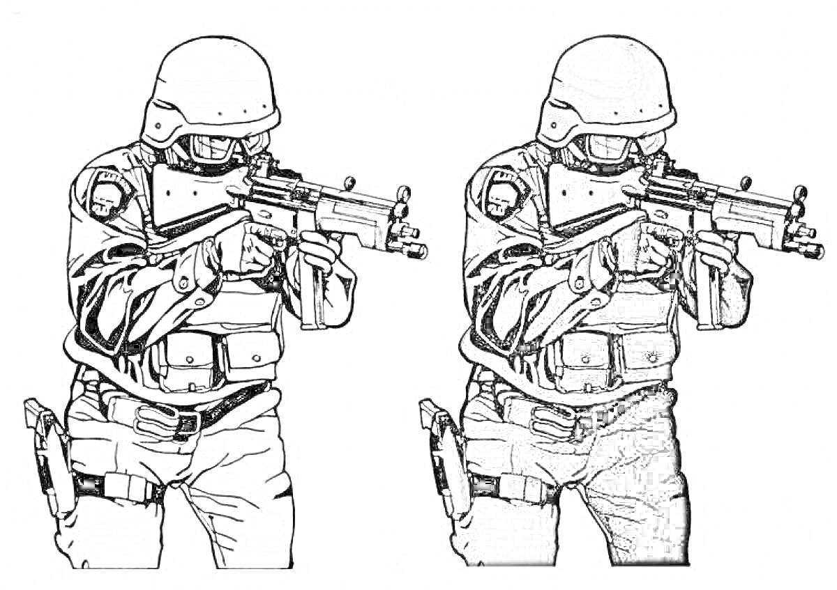 Раскраска бойцы спецназа в бронежилетах и шлемах с автоматами