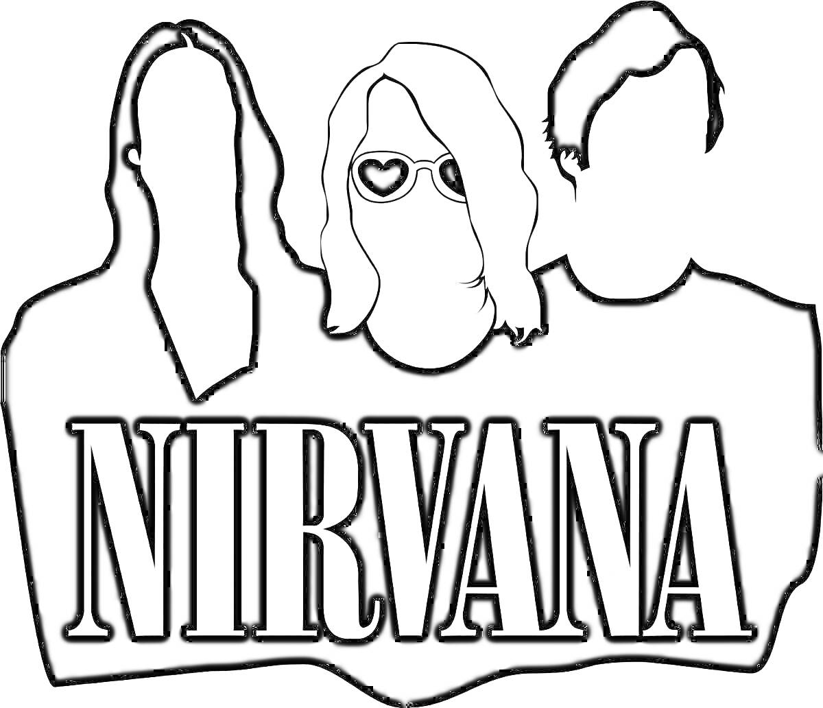 Раскраска три силуэта людей с надписью NIRVANA