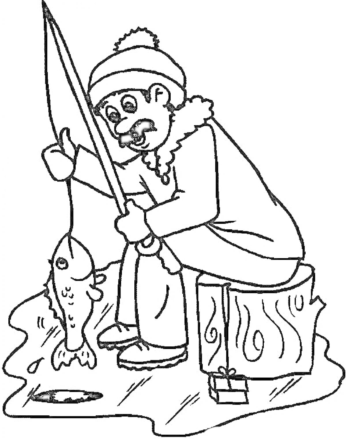 На раскраске изображено: Рыбак, Рыбалка, Зимняя рыбалка, Удочка, Рыба, Лед, Пенёк, Зима, Снег