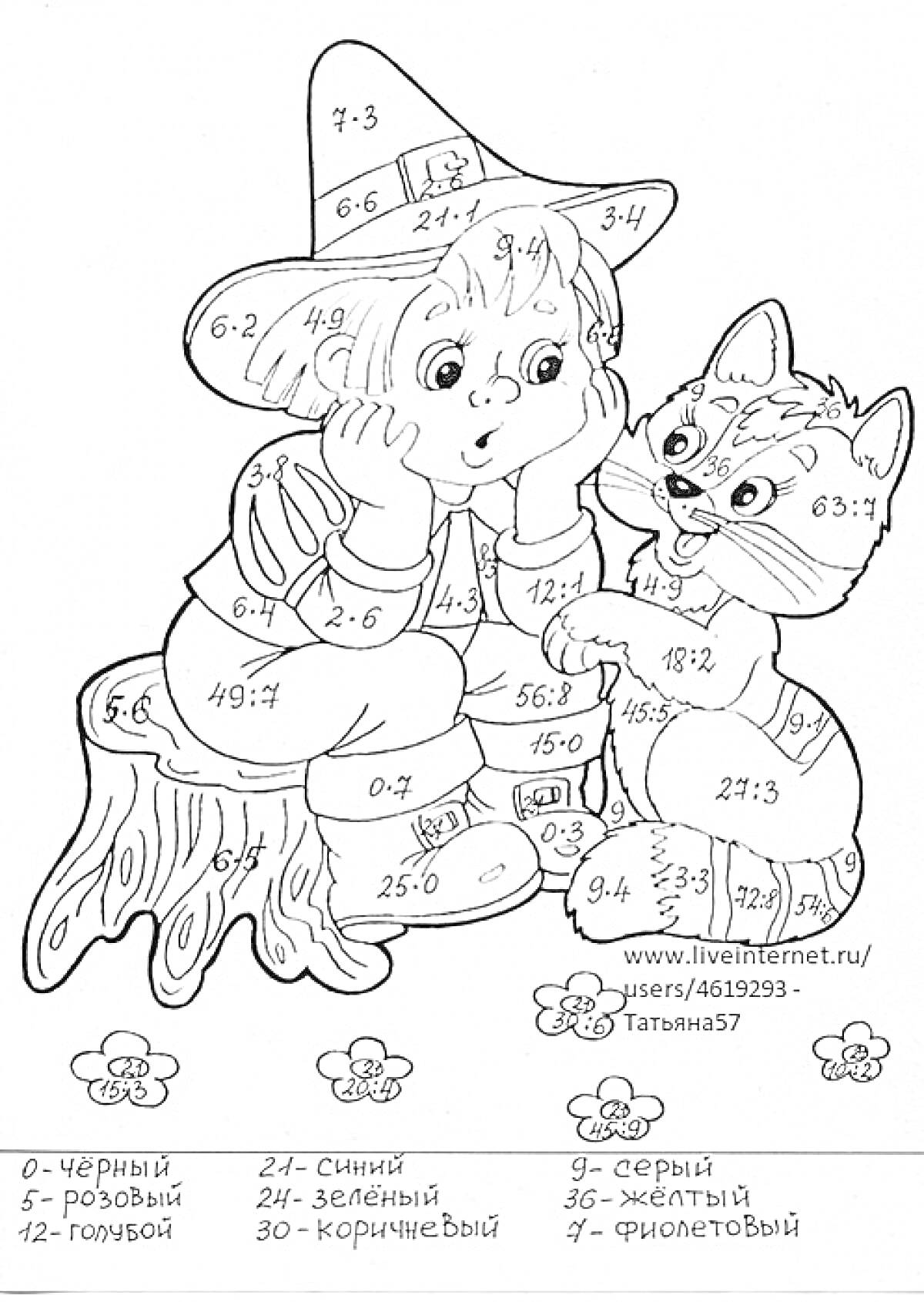 Девочка с котом и цветами, математическая раскраска
