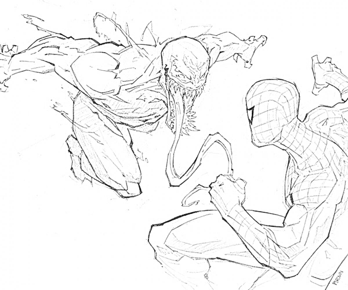 На раскраске изображено: Человек-паук, Веном, Бой, Схватка, Супергерои, Комиксы
