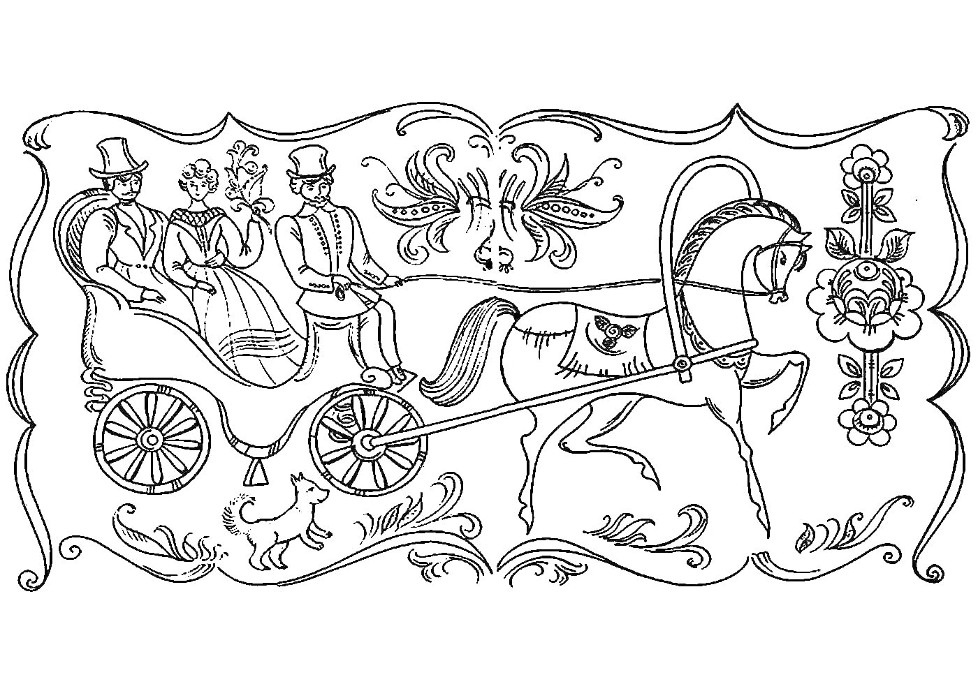 На раскраске изображено: Палехская роспись, Лошадь, Карета, Пассажиры, Цветы, Узоры, Декоративное искусство