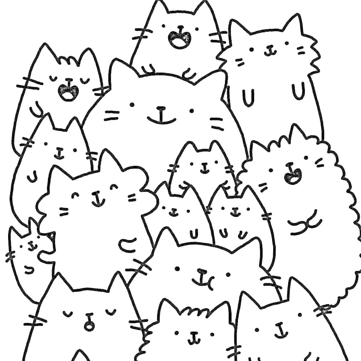 Раскраска группа милых кошек, разные выражения лиц у кошек