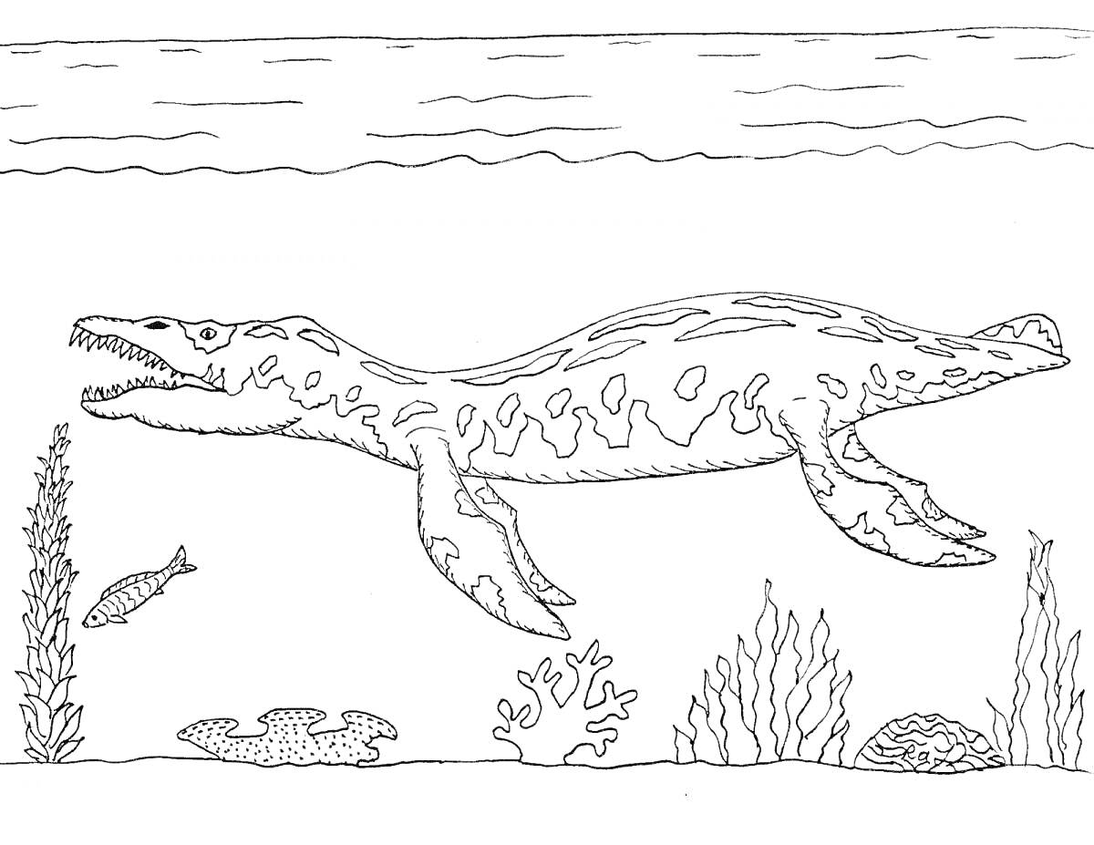 Раскраска Водный динозавр, плавающий среди водорослей, рыб и кораллов