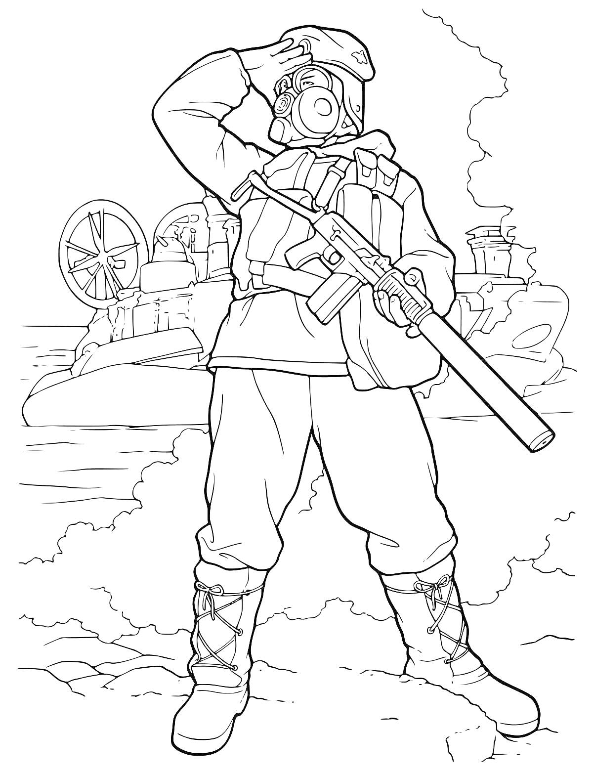 Раскраска Солдат на фоне военной техники и дымящихся руин, с оружием в руках и в каске