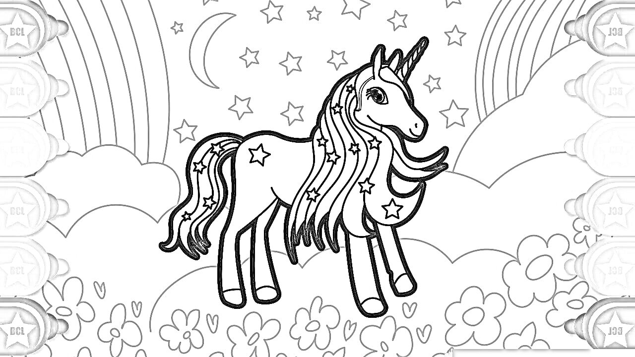 Раскраска Единорог на фоне радуги и звездного неба, окруженный цветами