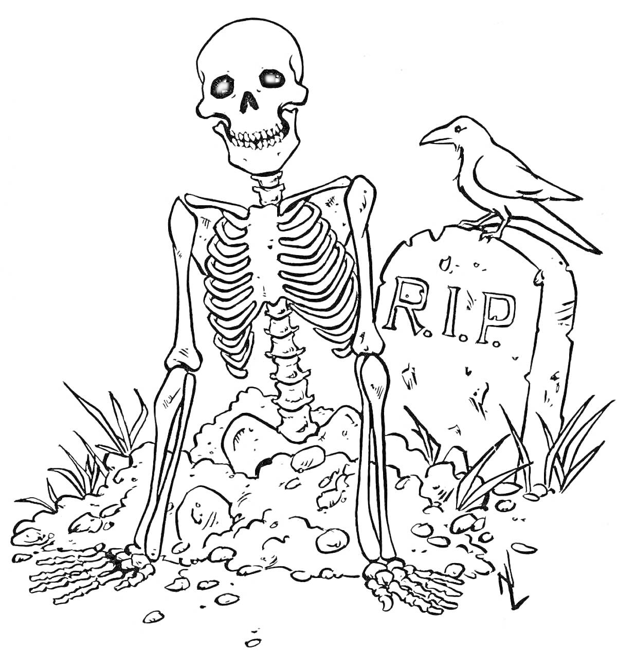 Раскраска Скелет в могиле, надгробие с надписью R.I.P., ворон на надгробии, трава