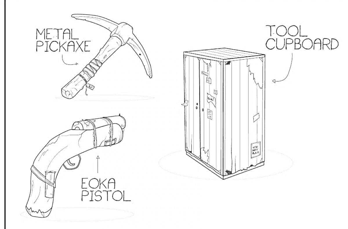 Раскраска Metal Pickaxe, Tool Cupboard, и Eoka Pistol