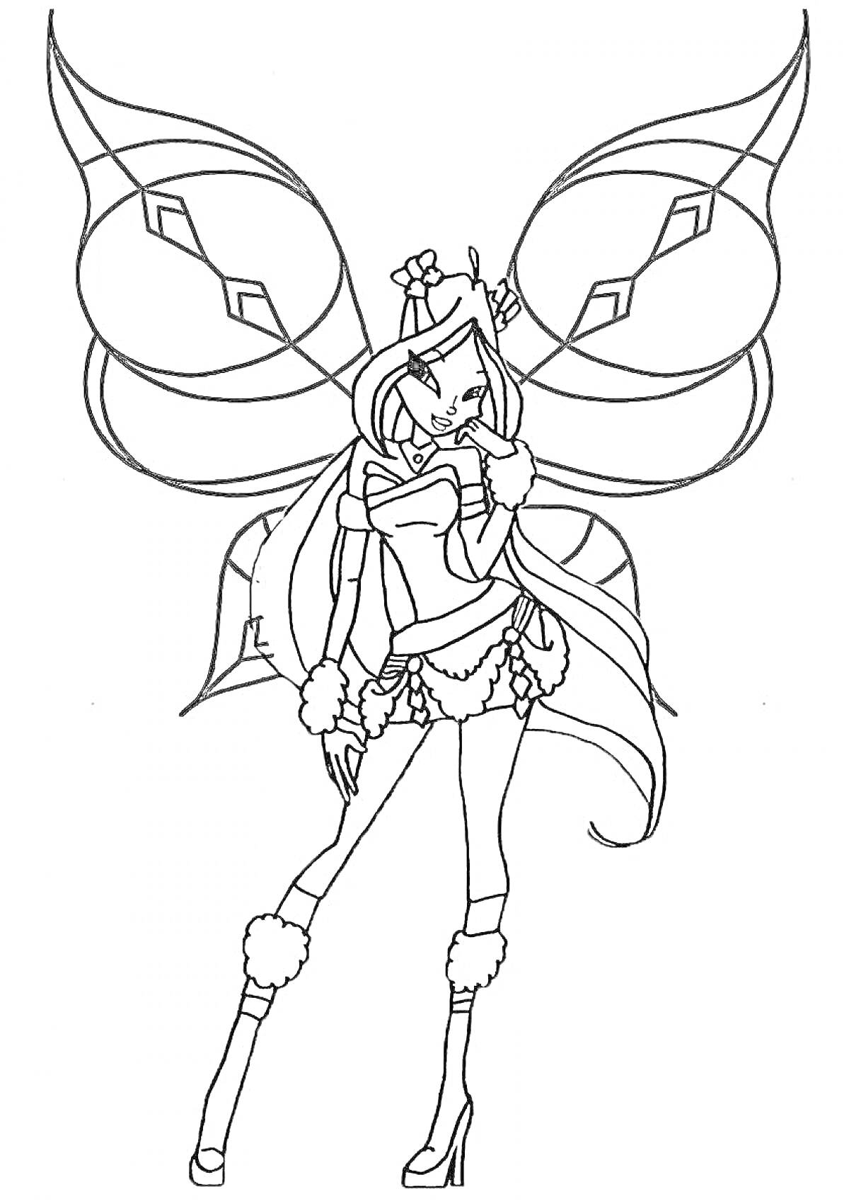 Раскраска Фея с крыльями в модной одежде, с короной и длинными волосами