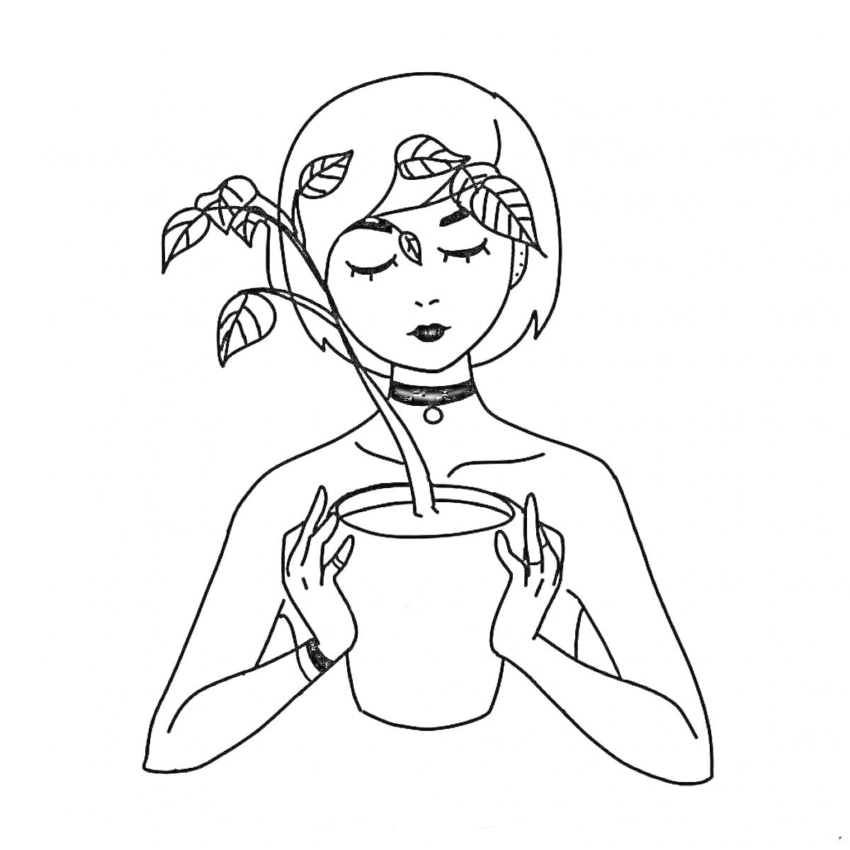 Раскраска Девушка с короткими волосами, держащая горшок с растением