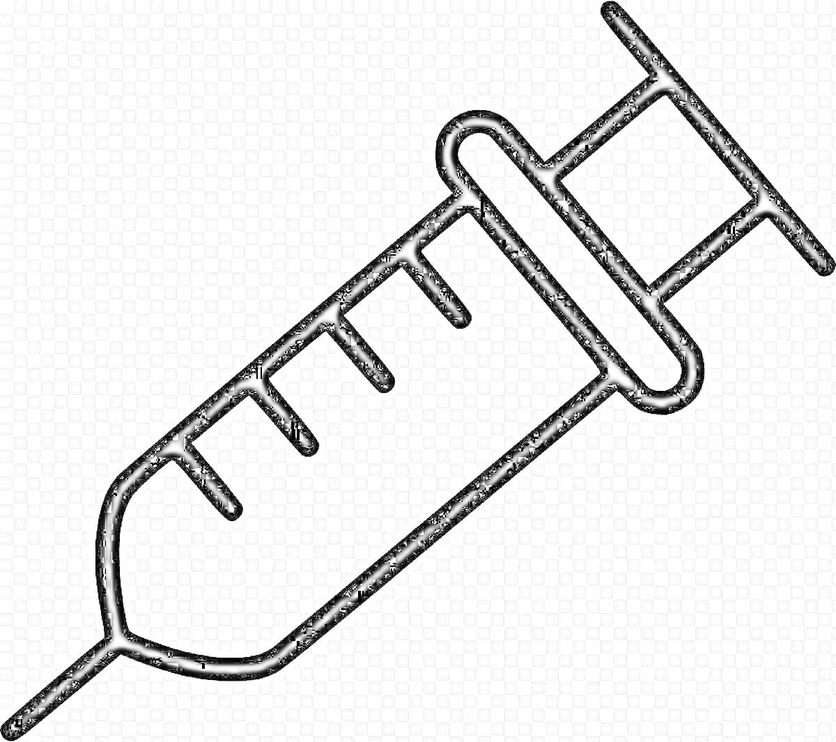 На раскраске изображено: Шприц, Поршень, Отметки, Медицинский инструмент, Инъекция, Здоровье, Медицина, Окраска