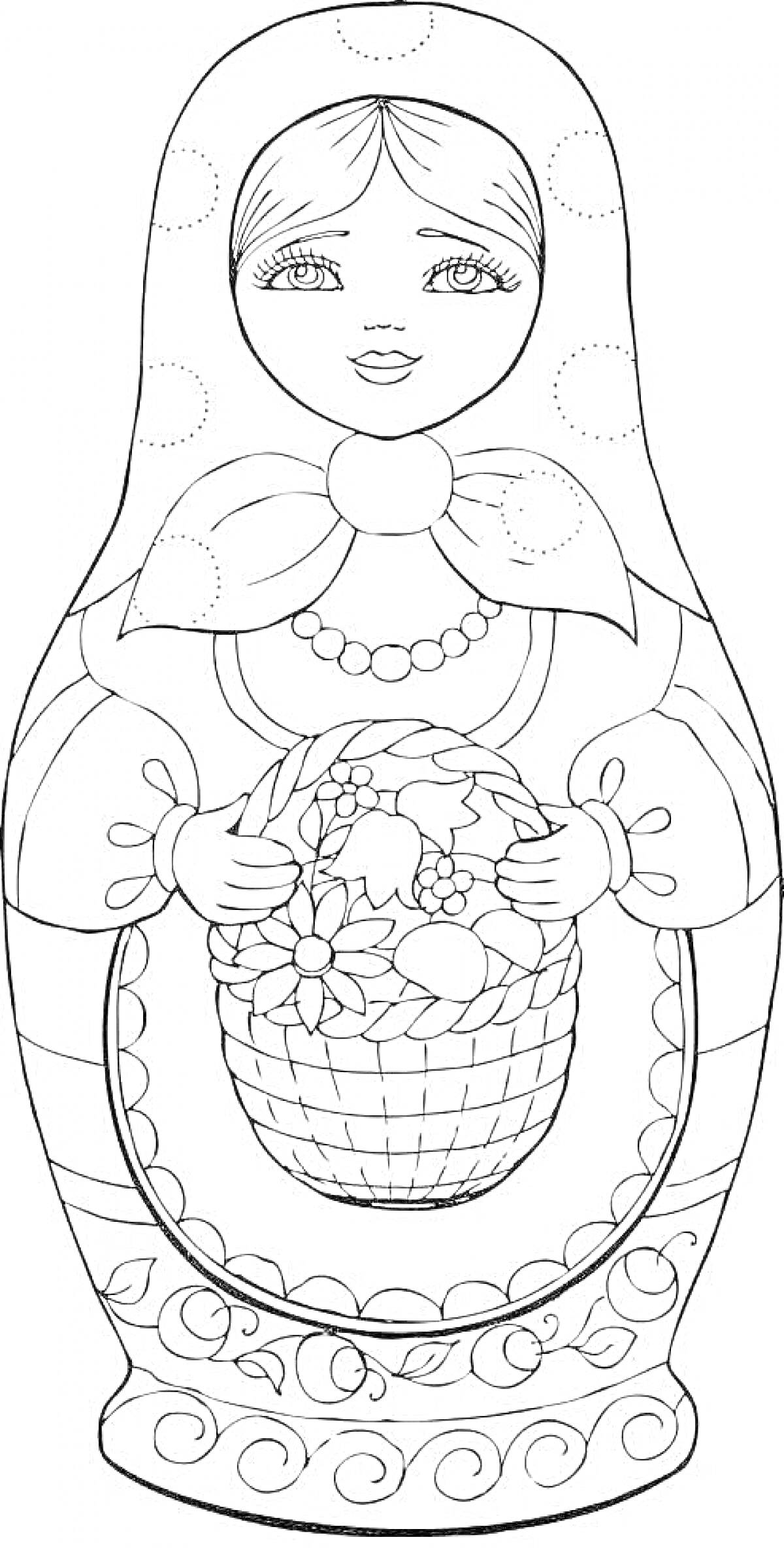 На раскраске изображено: Матрёшка, Корзина, Цветы, Фрукты, Кукла, Традиционная одежда, Украшения, Бант