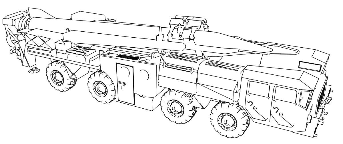 На раскраске изображено: Ракетница, Ракета, Транспорт, Колёса, Установка, Военная техника, Грузовая машина, Кабина водителя, Контурные рисунки