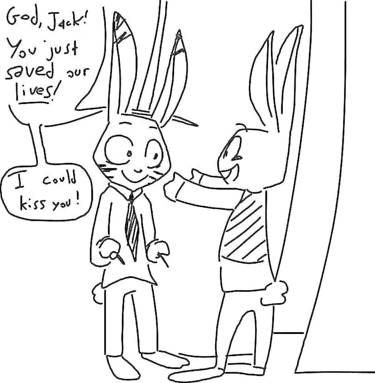 Раскраска Два антропоморфных кролика, один с галстуком, другой в полосатом пуловере, говорят друг с другом, один выражает благодарность