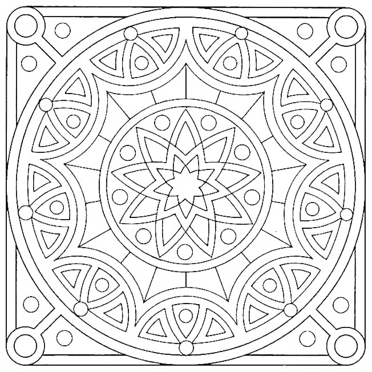 Мандала с геометрическими узорами, кругами и лепестками в квадратной рамке