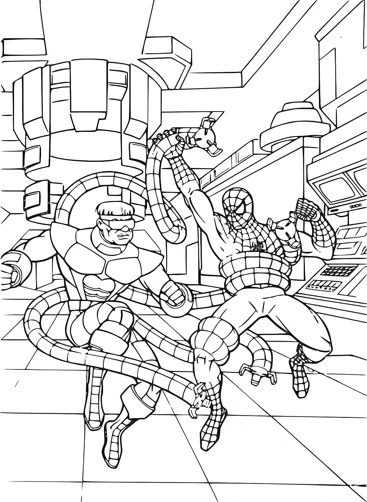 На раскраске изображено: Доктор осьминог, Человек-паук, Лаборатория, Бой, Супергерои, Комиксы