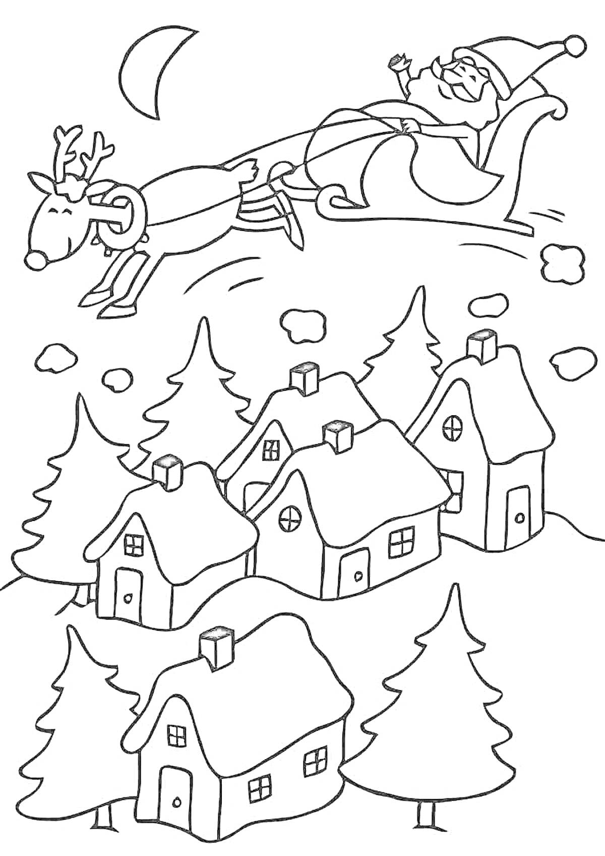 На раскраске изображено: Олень, Сани, Полет, Деревня, Ёлки, Ночь, Зима, Зимняя сказка