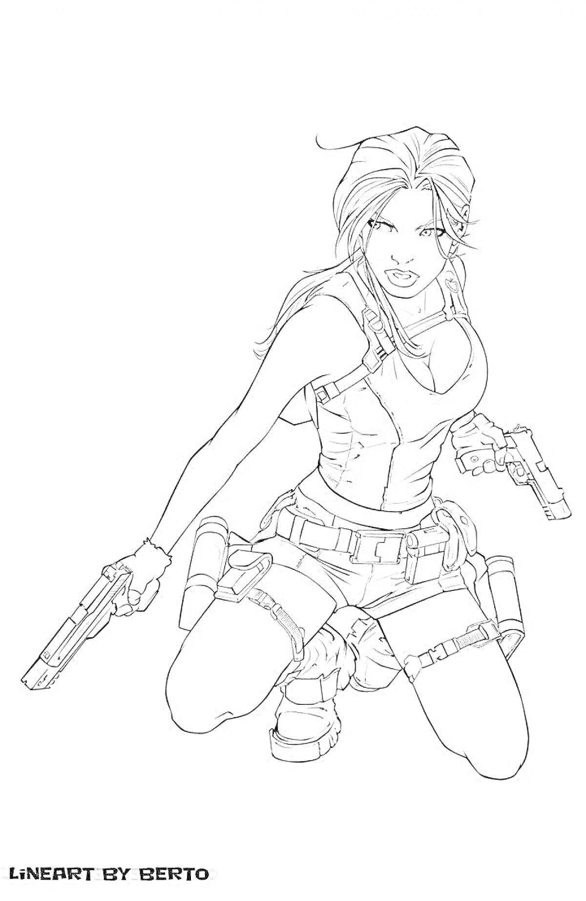 На раскраске изображено: Лара Крофт, Два пистолета, Боевой костюм, Снаряжение, Волосы, Динамичная поза