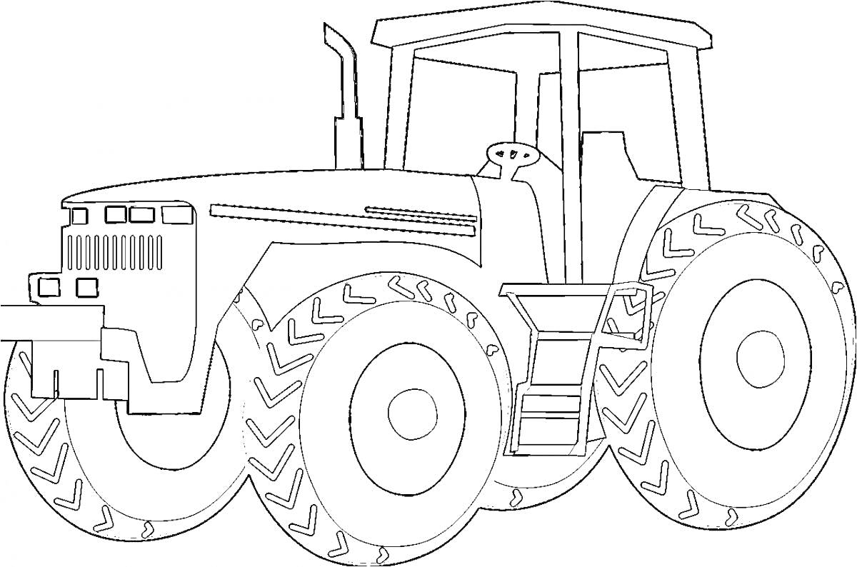 Раскраска Трактор с большими колесами и кабиной на рисунке