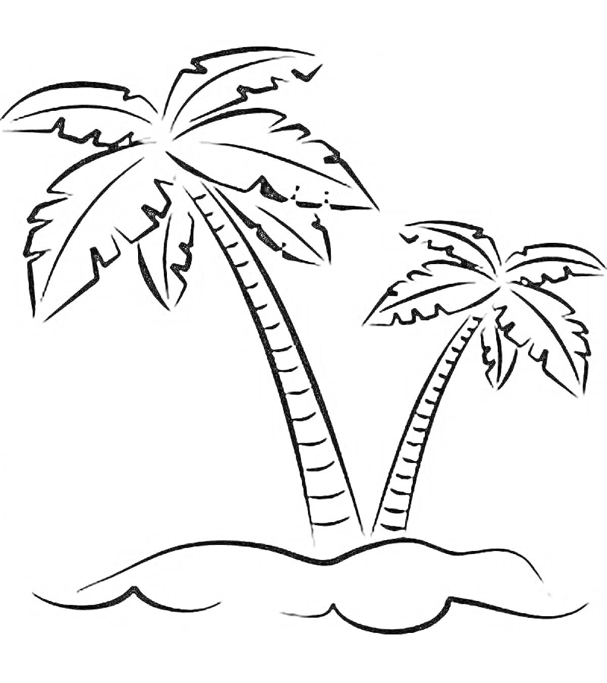 На раскраске изображено: Пальмы, Остров, Природа, Деревья, Пляж, Листья, Лето, Отпуск