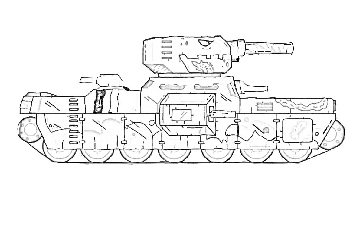 На раскраске изображено: КВ-44, Танк, Веном, Пушка, Военная техника, Бронетехника, Боевой танк