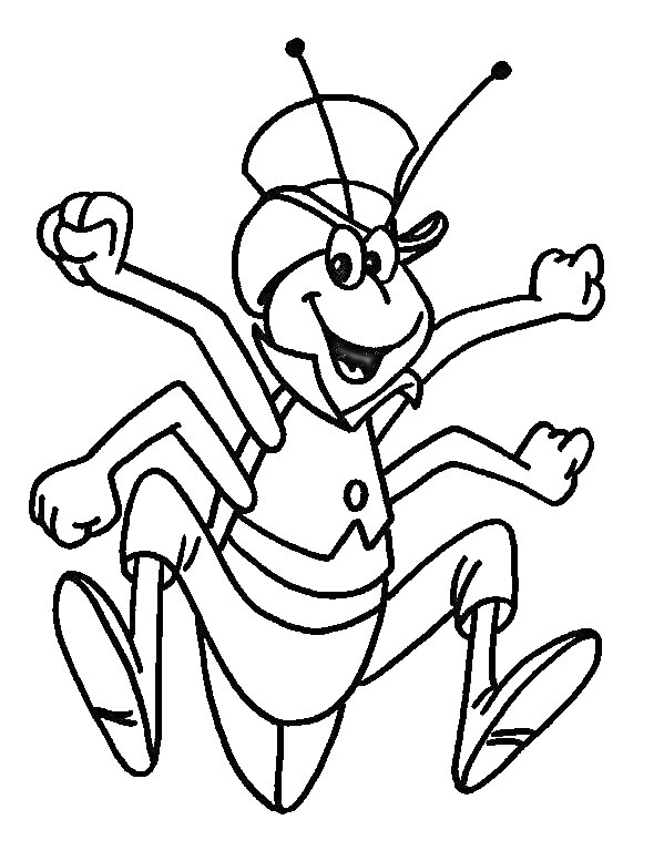 На раскраске изображено: Пчелка майя, Муравей, Шляпа, Поднятые руки, Из мультфильмов, Для детей