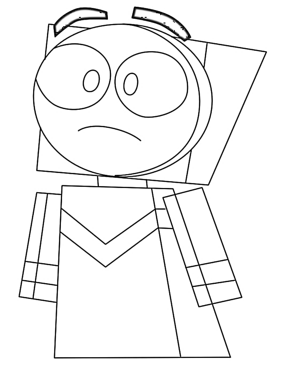 Грустная Юникитти в форме куба с ушами и ленточками, в платье с узором в виде галочки на груди.