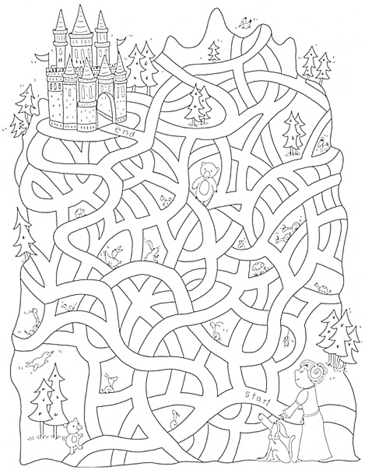 Раскраска Лабиринт с замком, рыцарем, деревьями и сказочными персонажами