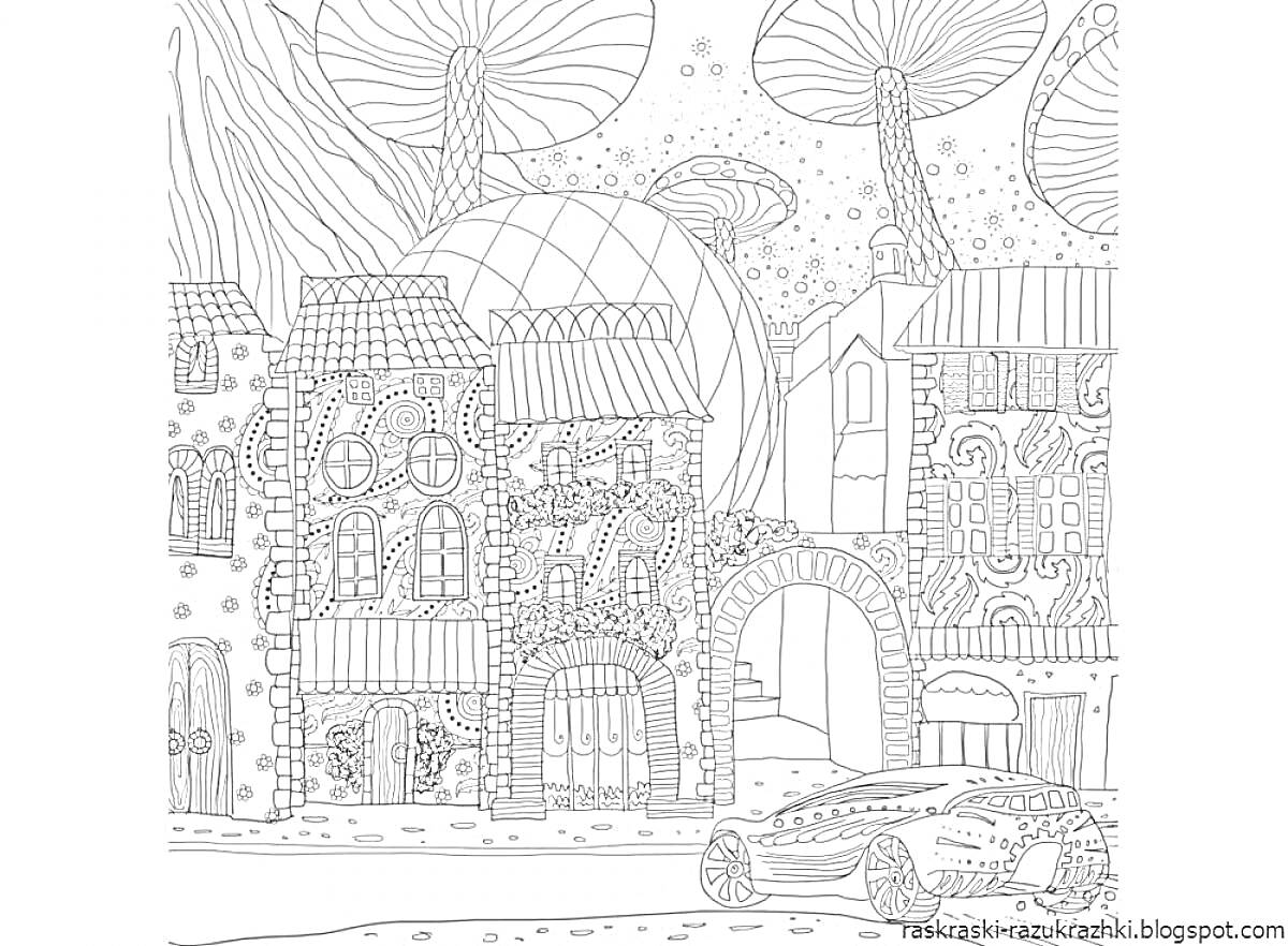 Раскраска Городская улица с домами, аркой, машиной и большими деревьями