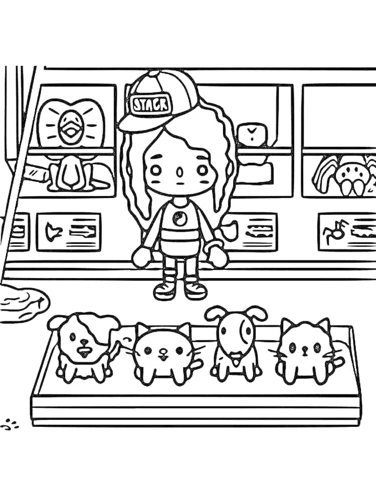 Раскраска Девочка с косичками в кепке в зоомагазине, лежащие на прилавке два щенка и два котенка