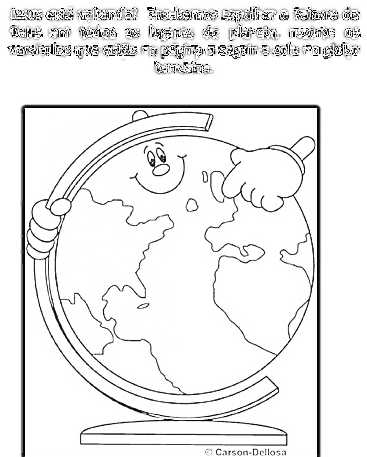 Раскраска Глобус с улыбчивым лицом и руками, указывающими на карту