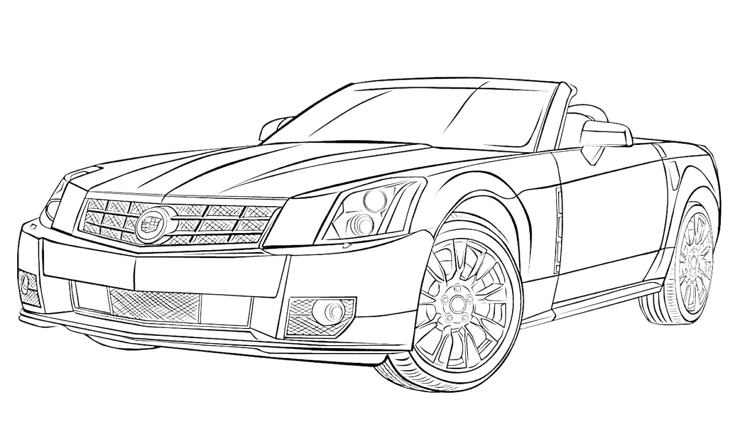 Раскраска Кабриолет с включенными фарами и колесами со спицами